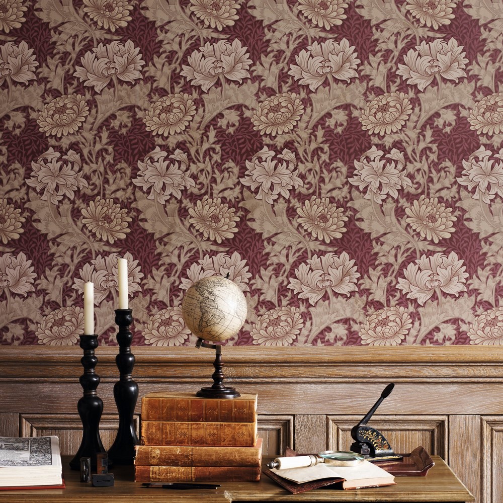 Chrysanthemum Wallpaper 212548 by Morris & Co in Wine Red